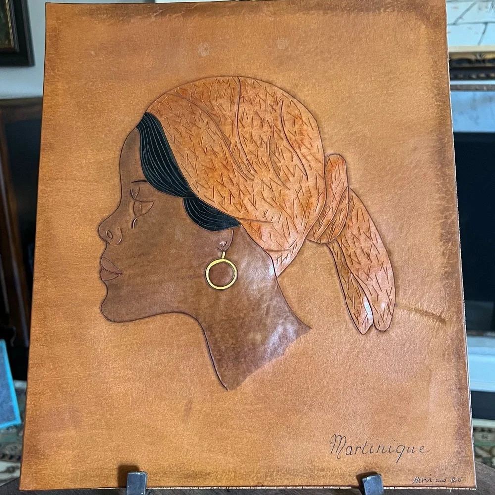 80’s Martinique Golden Tanned Tooled Leather Creole Girl w/Knotted Madras - Picture 1 of 5
